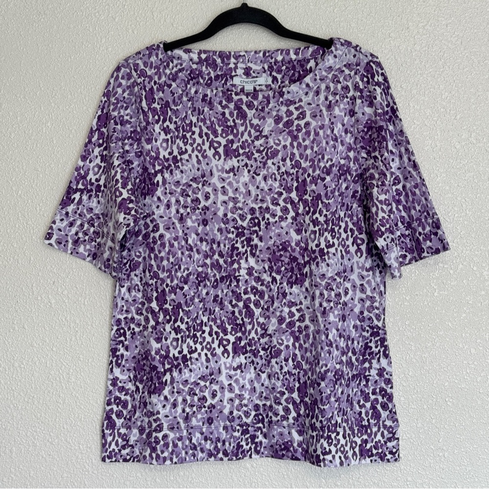 Chicos New Size 2 L Purple Leopard Print Bateau Neck Pima Short Sleeve Tee Top